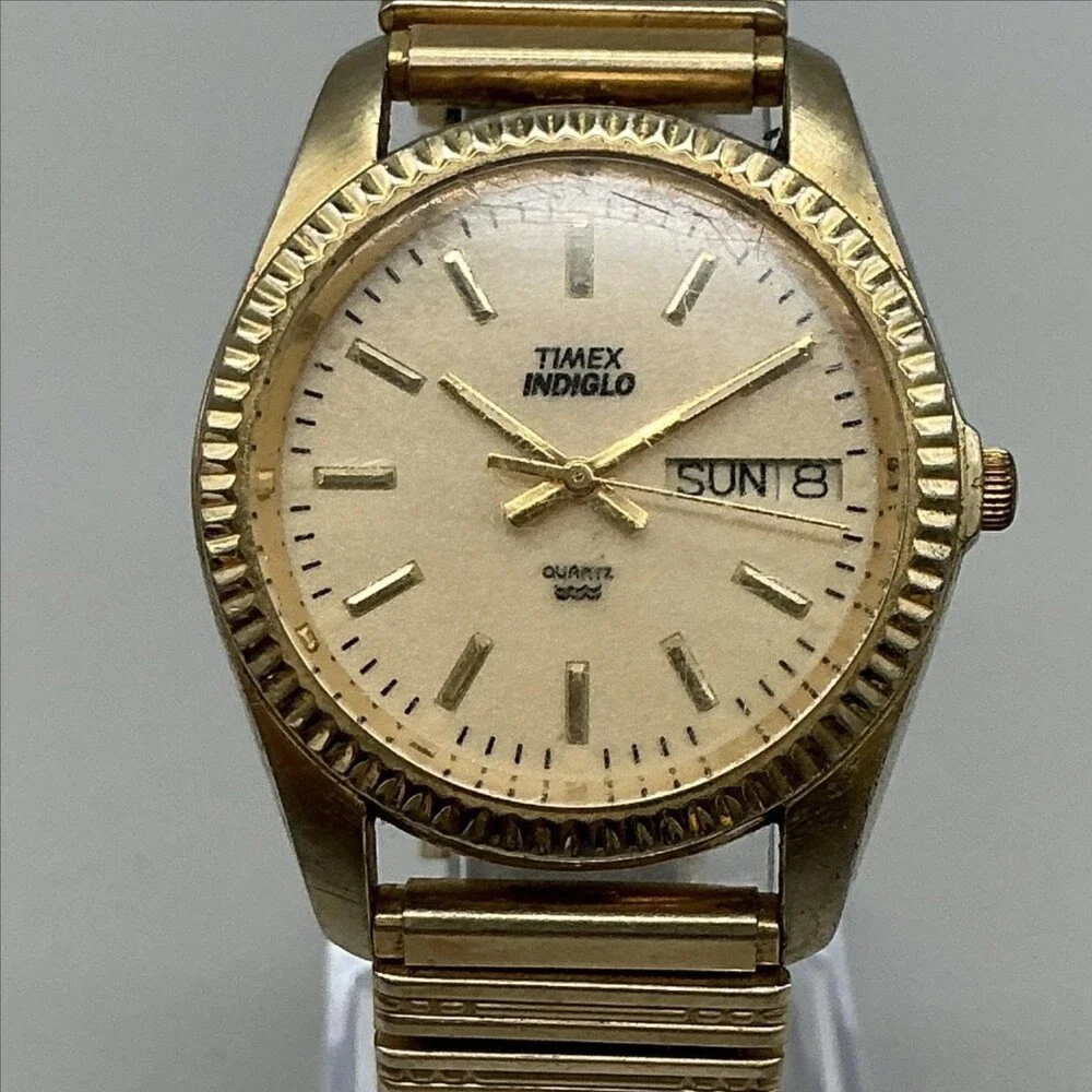 Vintage Timex Indiglo WR 30M Mens Watch 34mm Gold Tone Day Date New Battery